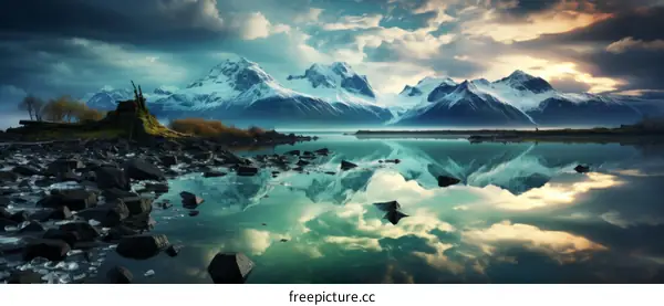 Mountains and lake landscape with beautiful sky and clouds reflecting in the water