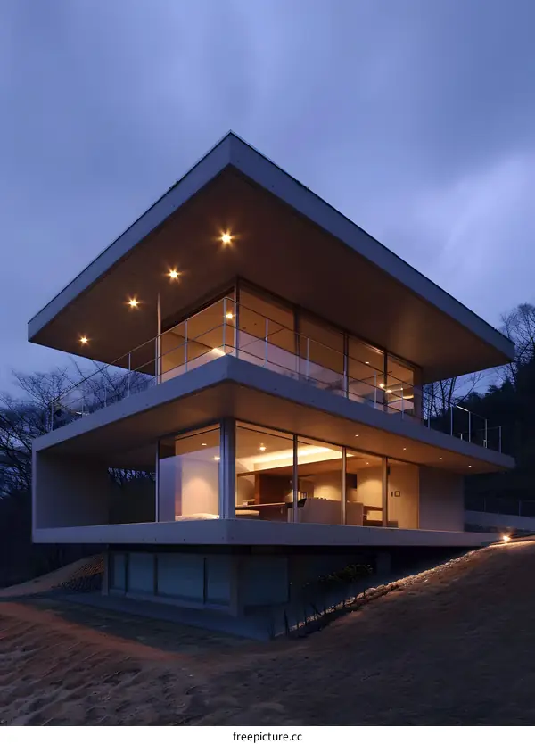 Modern Concrete House with Large Windows and Overhanging Roof at Dusk