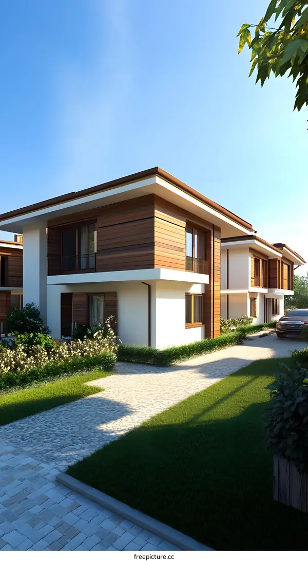 Modern House with Wooden Siding and Green Grass