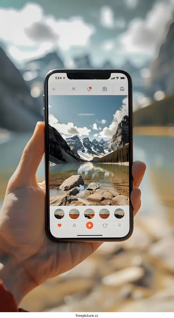 Hand Holding Smartphone With Mountain Lake Image On Screen