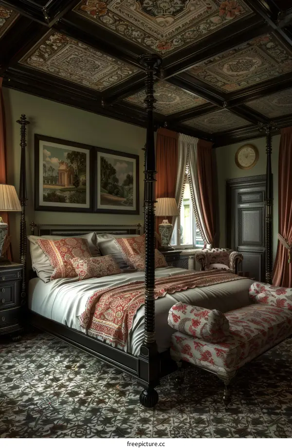 Elegant Bedroom Interior with Ornate Ceiling