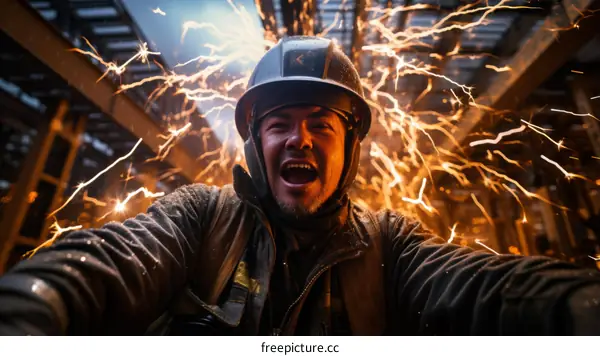 Industrial worker in hard hat with sparks from power tools in the background