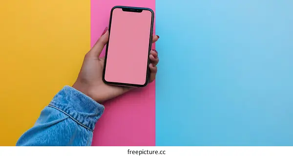 Hand Holding a Smartphone with Blank Screen Against a Colorful Background