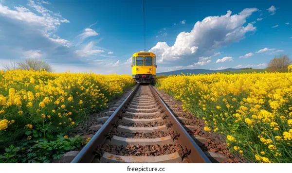 Yellow train passing through a field of yellow flowers