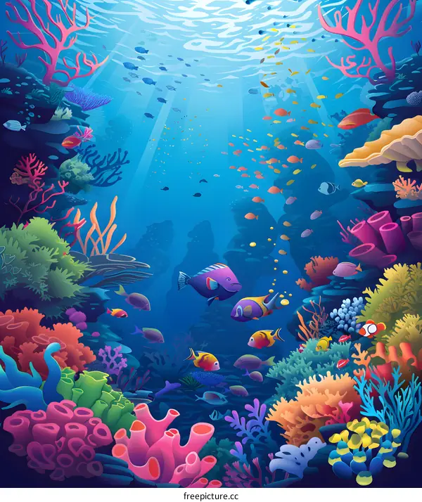 Colorful Underwater World With Fish And Corals