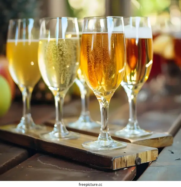 Closeup of Champagne Flutes on Wooden Board