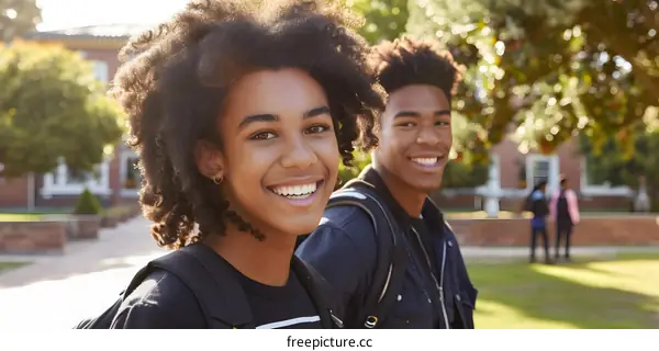 Two Smiling African American Students in Front of School Building