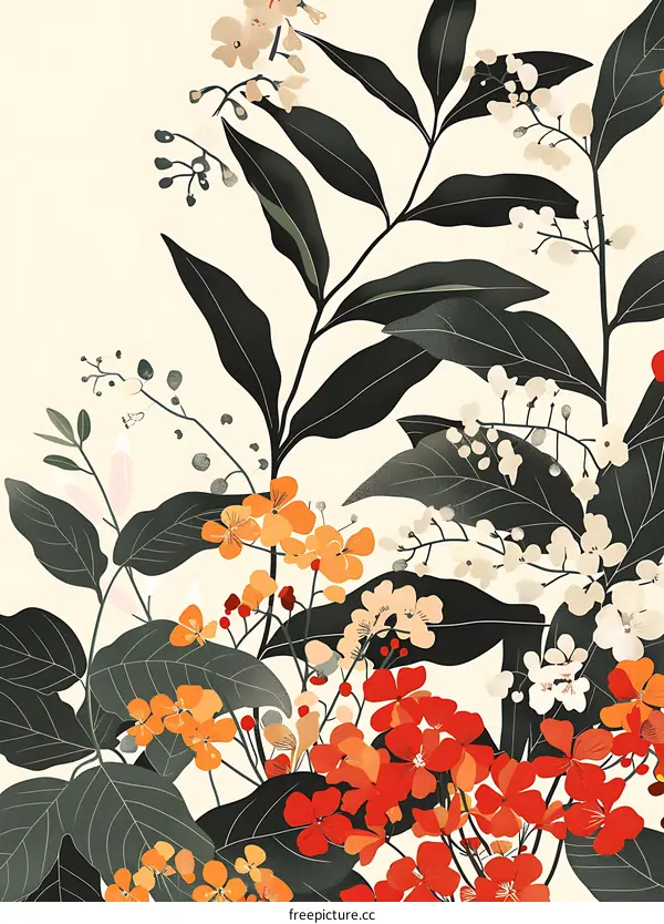 Floral Pattern with Orange and Red Flowers and Green Leaves