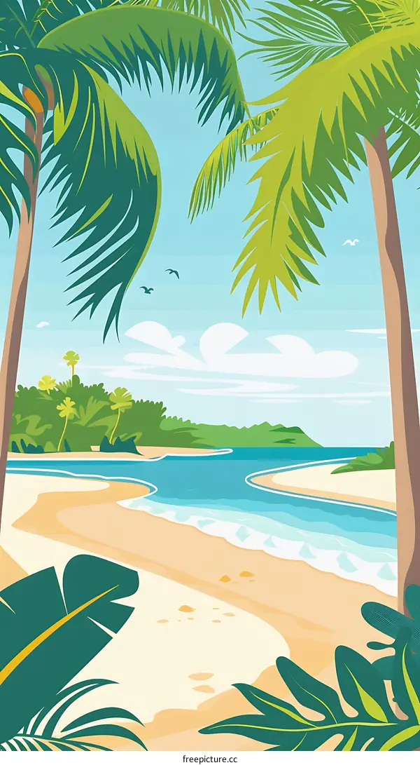 Tropical Beach Landscape Illustration with Palm Trees