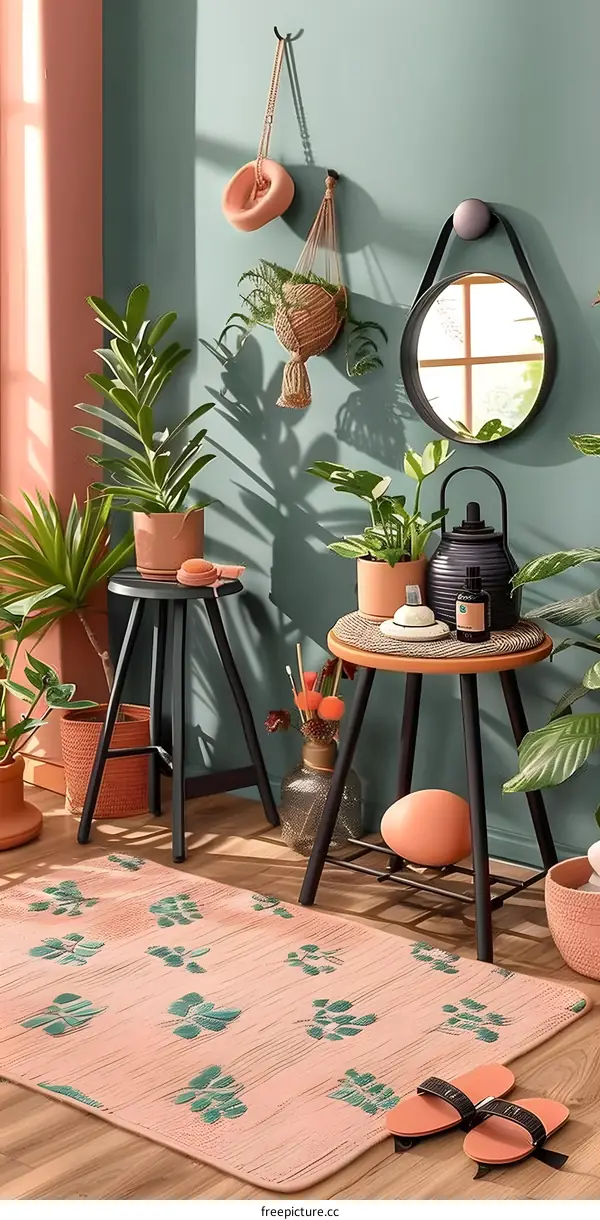 Interior Design with Plants and a Pink Rug