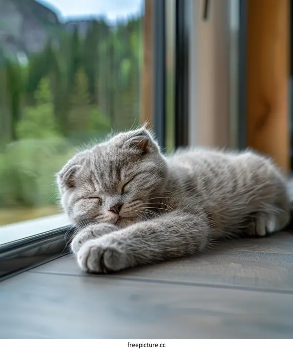 A cute gray kitten is sleeping on the wooden floor in front of the window