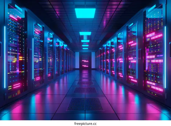 Server room with colorful neon lights