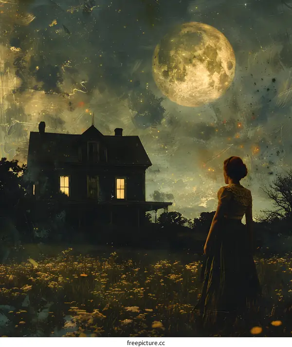 Woman Gazing at the Full Moon in a Field with a House in the Background