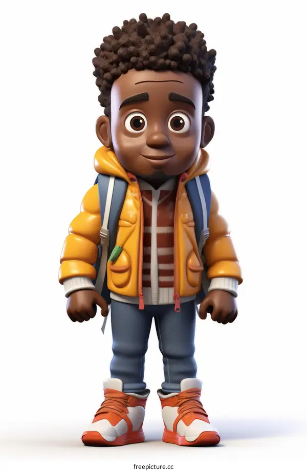 A Young African American Boy Wearing a Yellow Jacket and Blue Jeans Smiles at the Camera