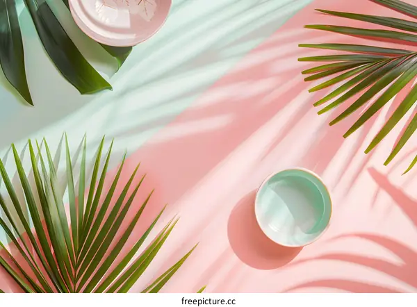 Tropical Minimalist Flat Lay with Palm Leaves and Bowls