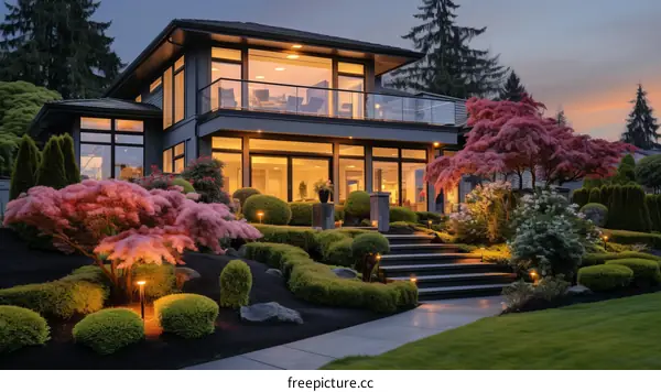 Modern House with Stunning Garden at Twilight