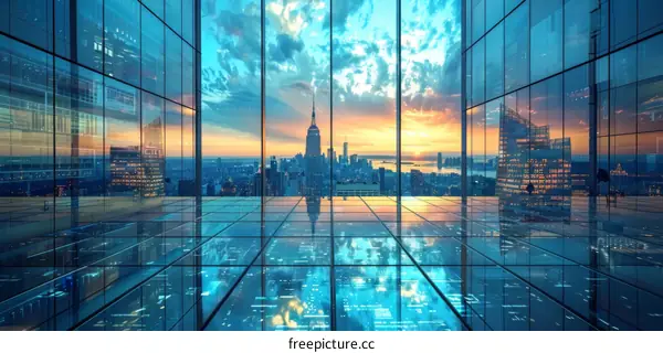 futuristic new york city skyscraper interior with glass floor