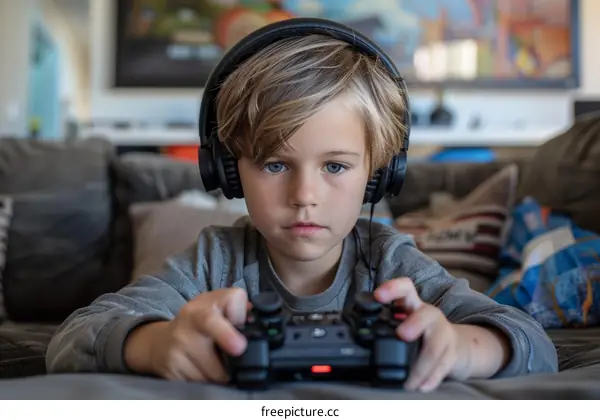 Young gamer playing video games with headphones and controller