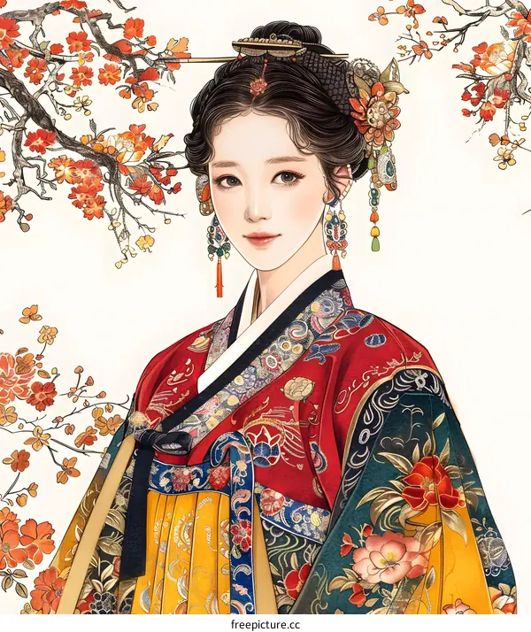 A beautiful illustration of a Korean woman in traditional dress