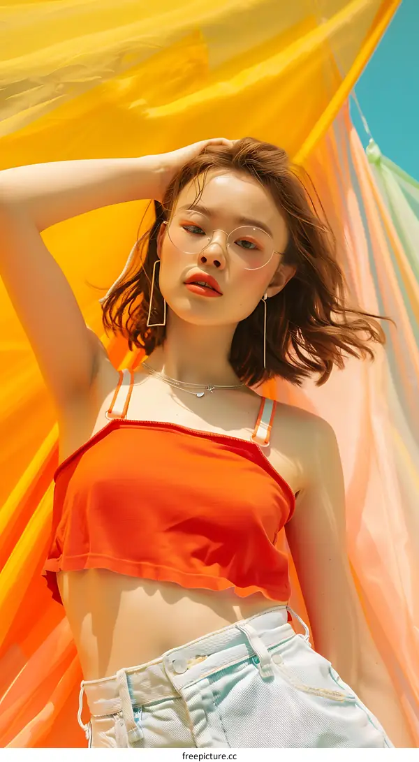 Stylish Asian Woman in Vibrant Outfit