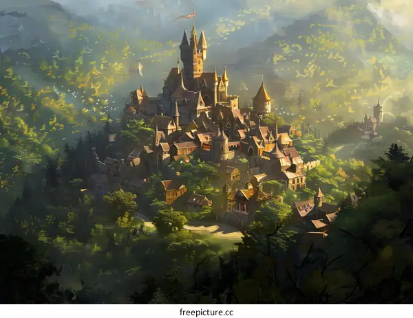 Castle Town Fantasy Landscape Illustration