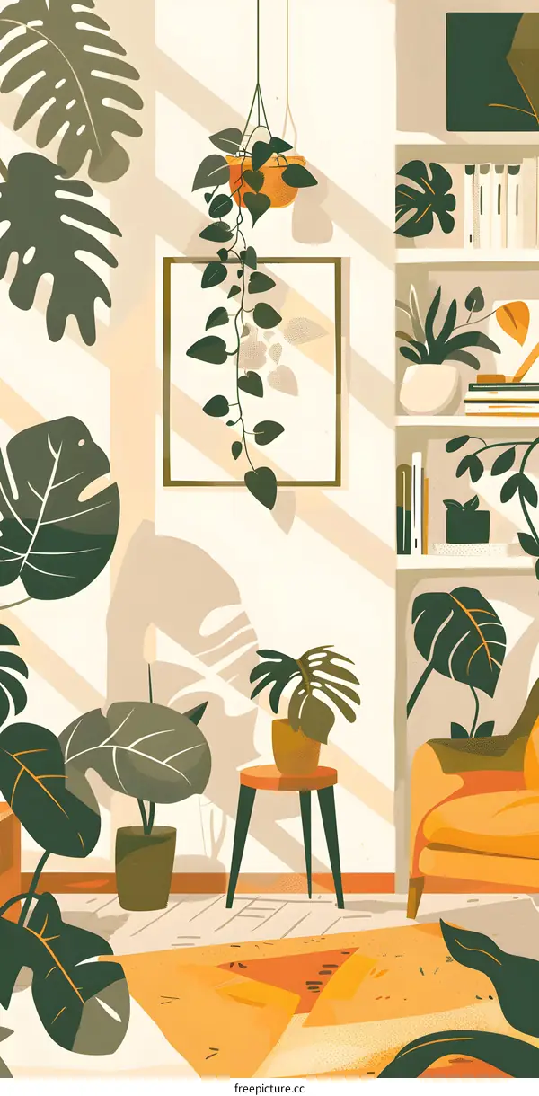 Living Room with Plants and Bookshelf Illustration