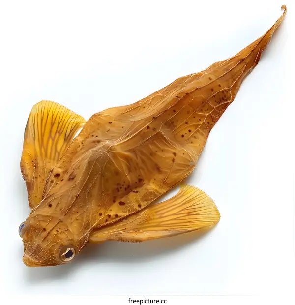 A strange fish with a leaf-like body and yellow fins