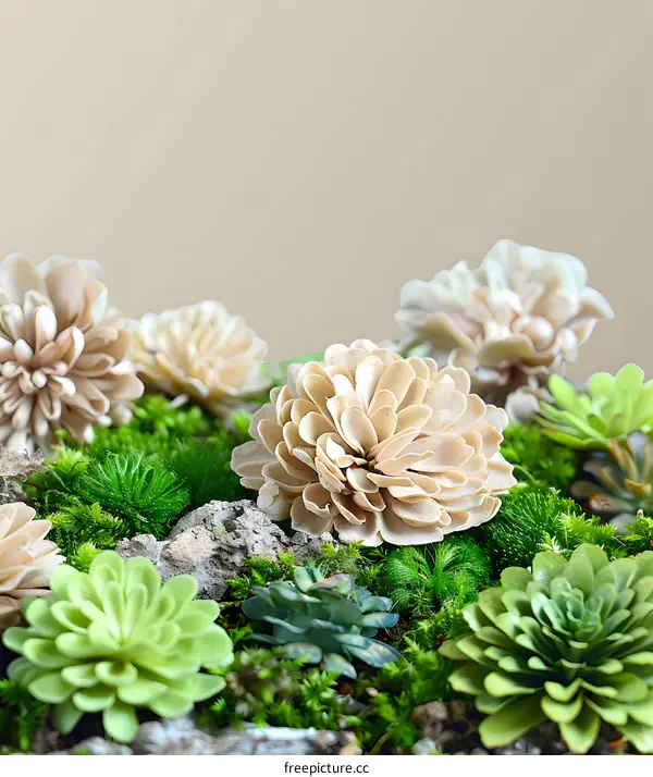 Green Succulents and Beige Flowers in a Closeup Shot