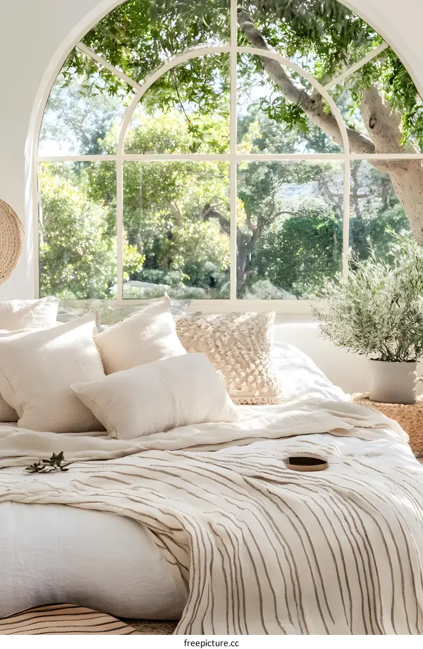 Bed with White Linen Pillows and Striped Throw Blanket