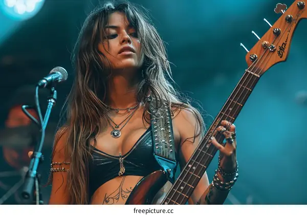 Portrait of a female musician playing bass guitar on stage
