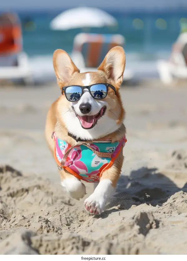 A happy corgi wearing sunglasses runs on the beach