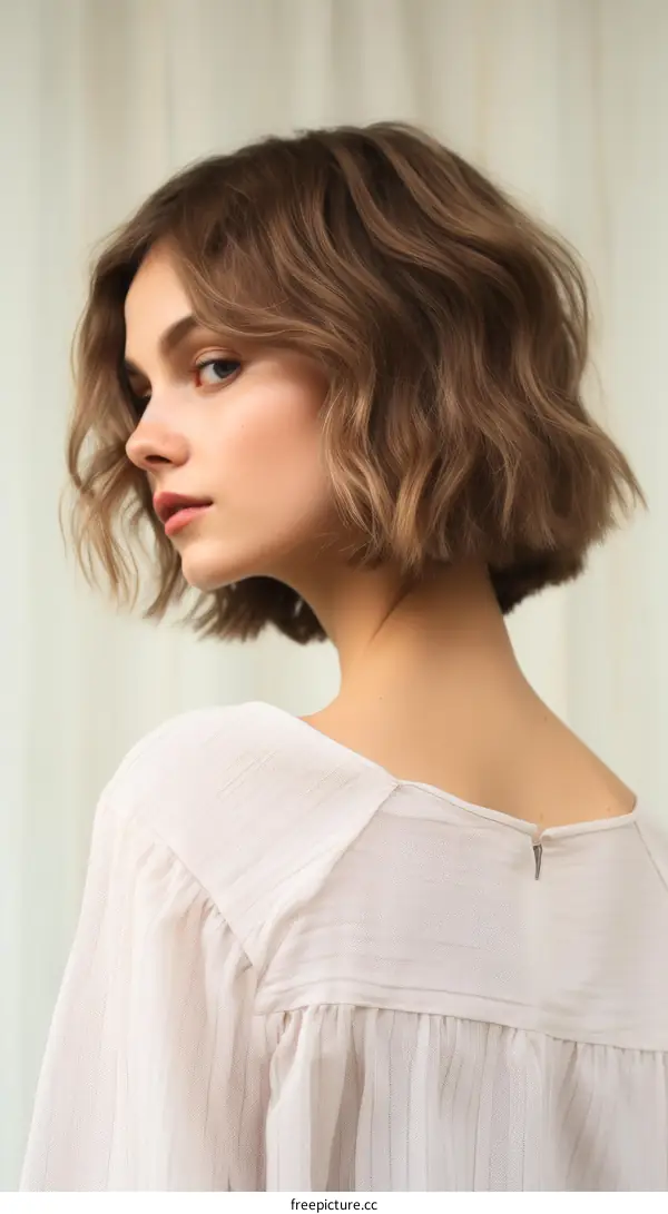 Fashion model with short brown hair wearing a stylish pink blouse