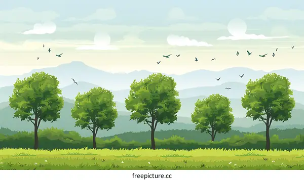 Green Landscape with Trees and Mountains