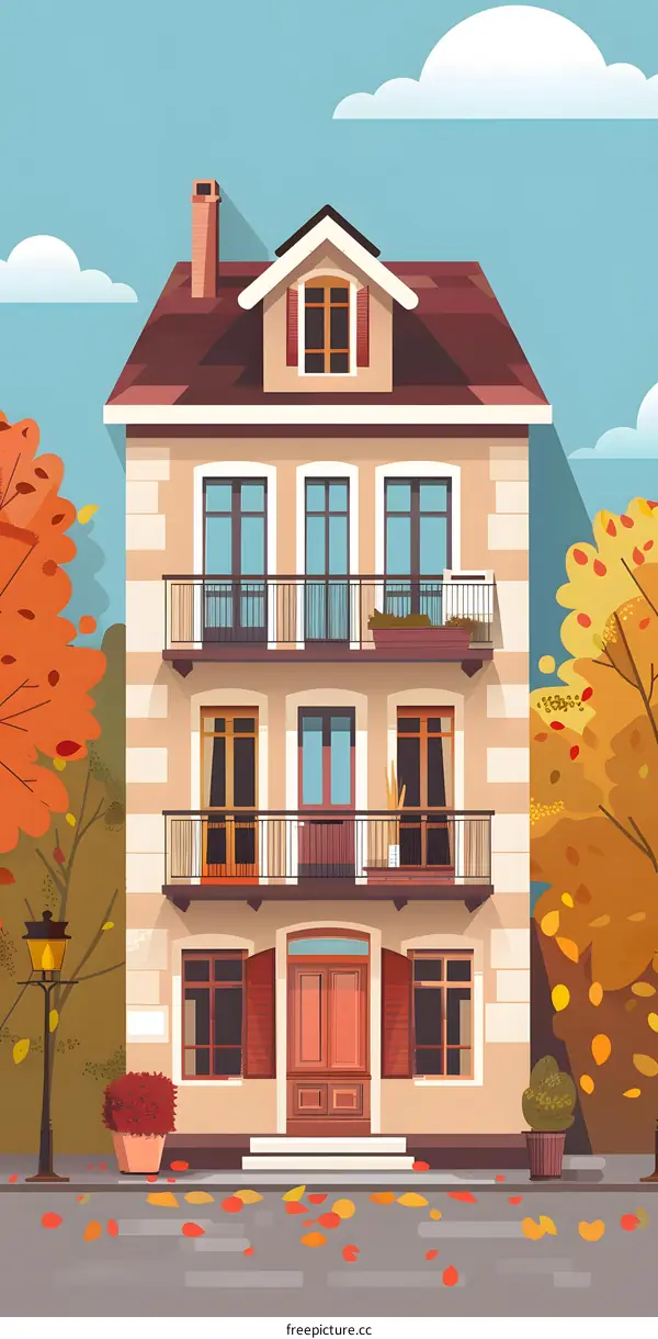 Autumn House with Balcony and Red Leaves