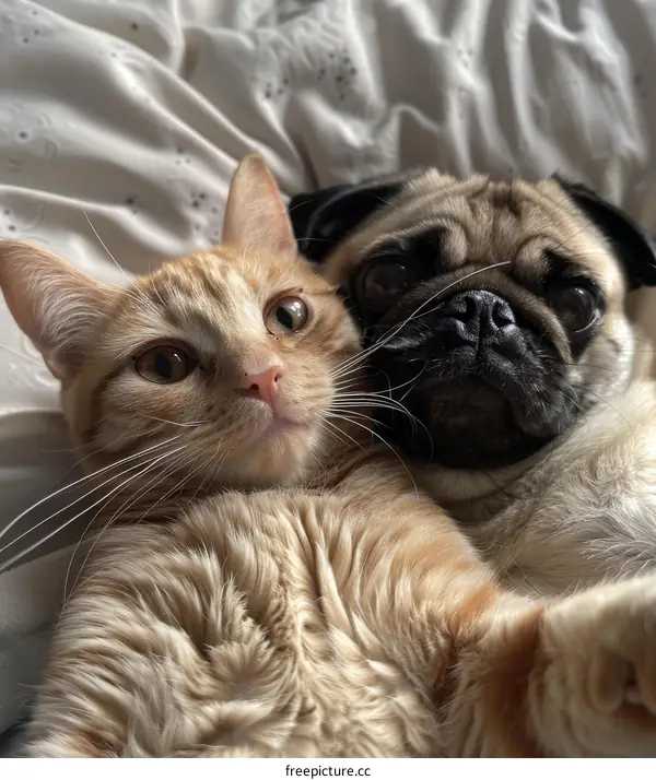 A ginger cat and a pug are lying on a bed and looking at the camera
