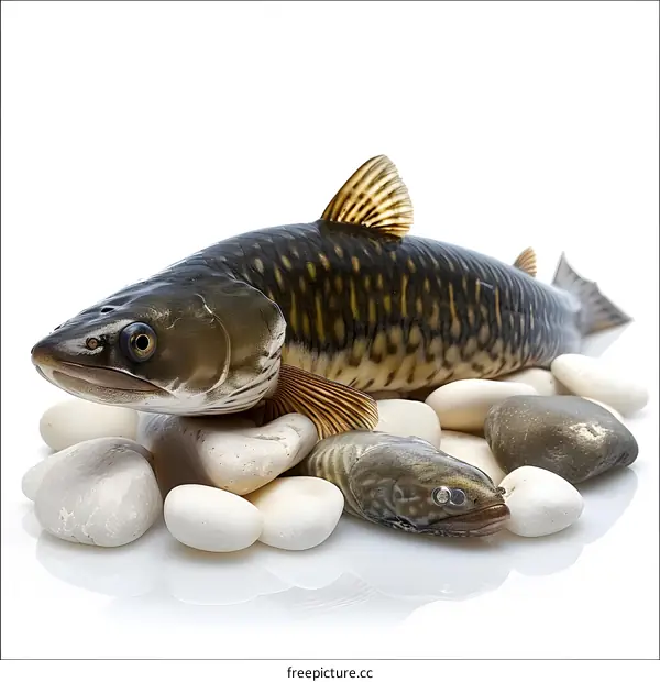 Two fish on white stones