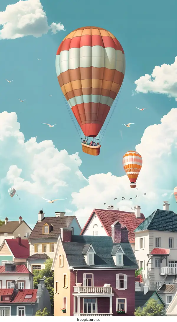 Hot Air Balloon Flying Over Cityscape