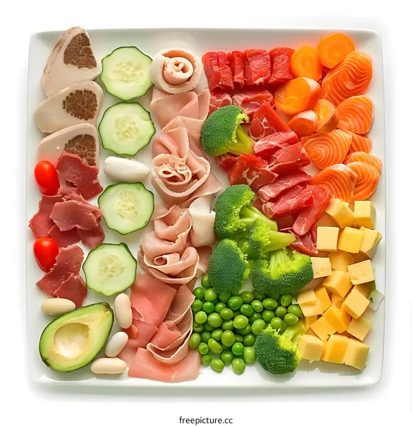 Colorful Food Platter with Ham, Salmon, Cheese, Avocado, and Broccoli