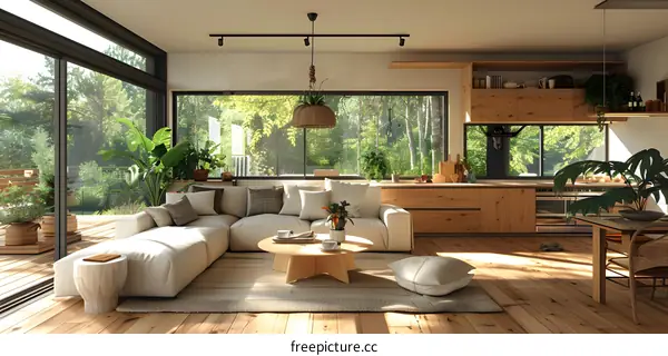 Modern living room interior with wooden furniture and large windows