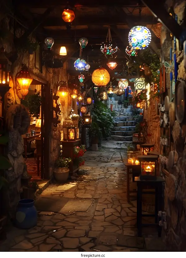 Stone Pathway with Hanging Lanterns in a Turkish Village