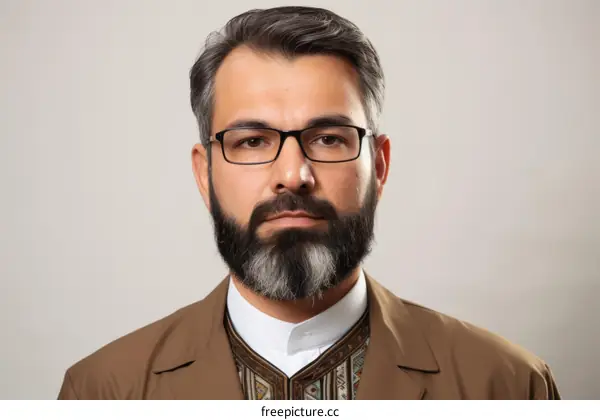 Portrait of a Persian man with glasses and a beard wearing a brown suit