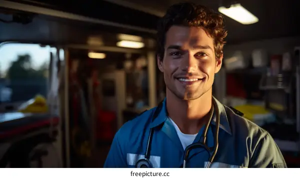 Portrait of a smiling young male paramedic in uniform standing in an ambulance