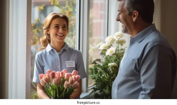 A young woman holding flowers talking to an elderly man