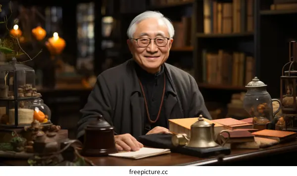 Portrait of a smiling elderly Asian man in a traditional library setting