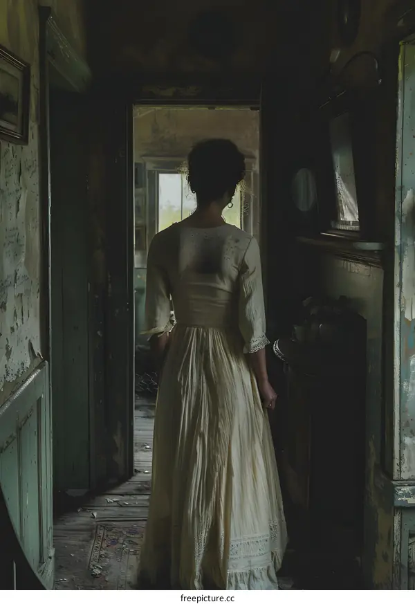 Woman in a long white dress standing in a dark hallway
