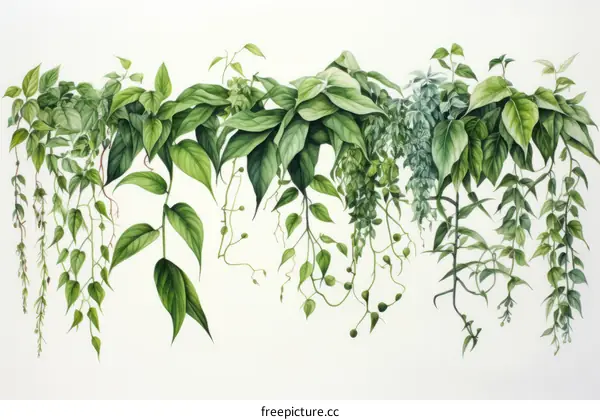 A beautiful illustration of a variety of green leaves and vines.
