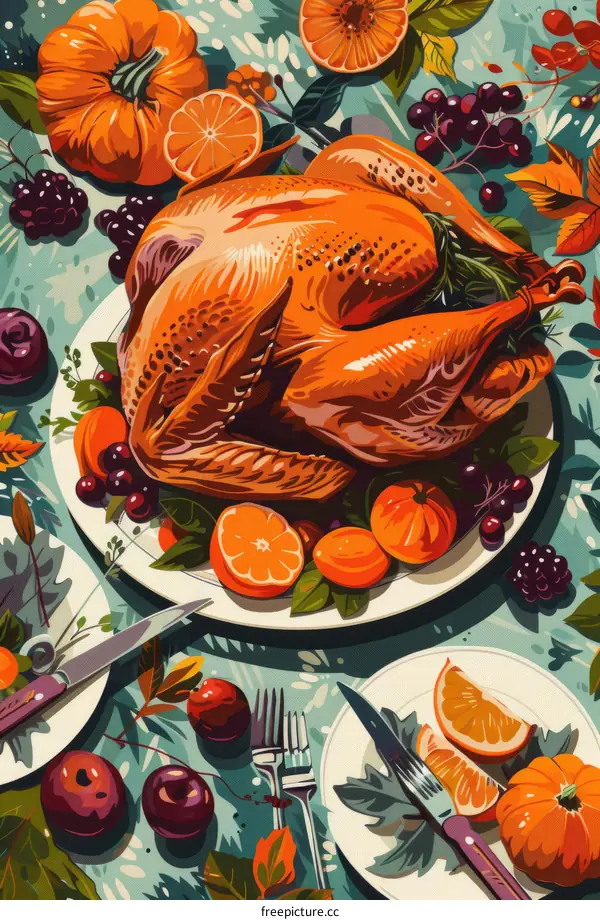 Thanksgiving Dinner Table with Roasted Turkey, Autumn Fruits and Vegetables