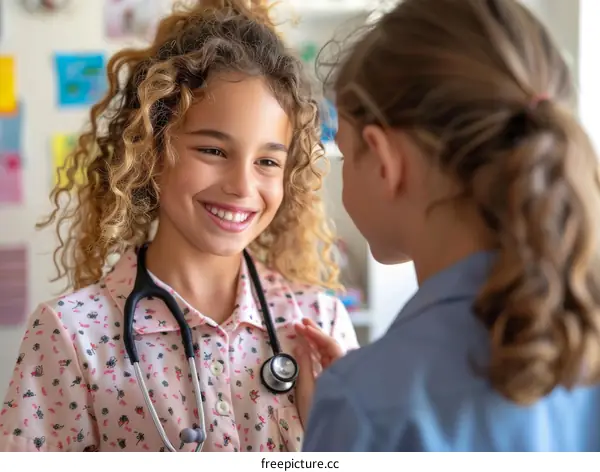 Two young girls playing doctor