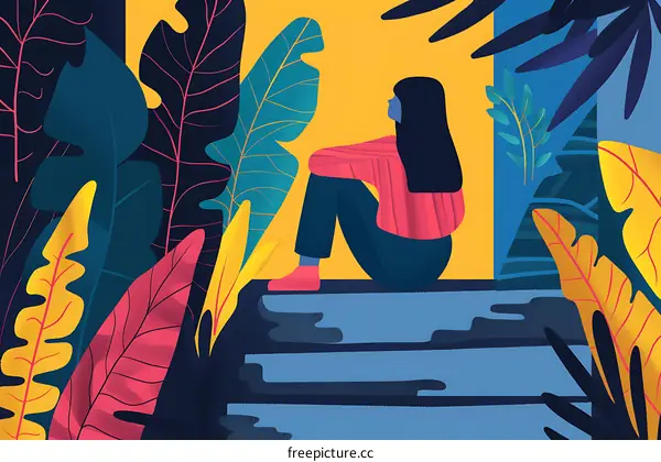 Woman Sitting on Steps With Tropical Leaves