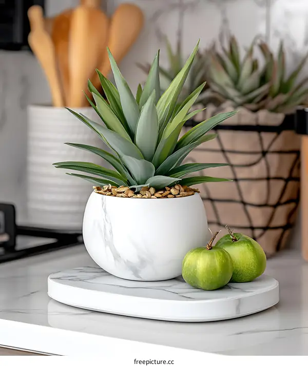 Marble Potted Plant with Green Apples on Countertop